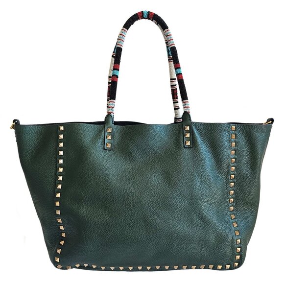 VALENTINO GREEN/BLACK REVERSIBLE ROCKSTUD LEATHER TOTE - Picture 2 of 16